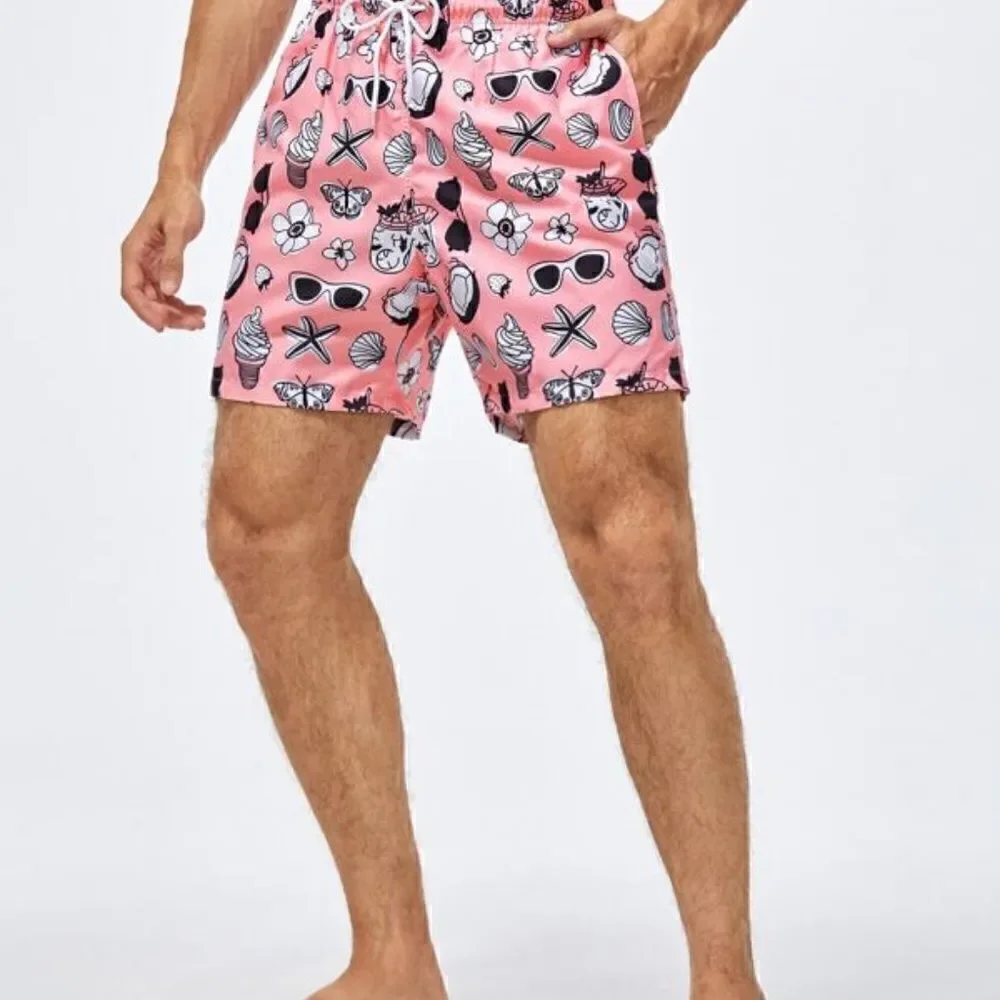 NEW! Men's Random Graphic Print Drawstring Waist Swim Trunks Shorts Beach Surf L